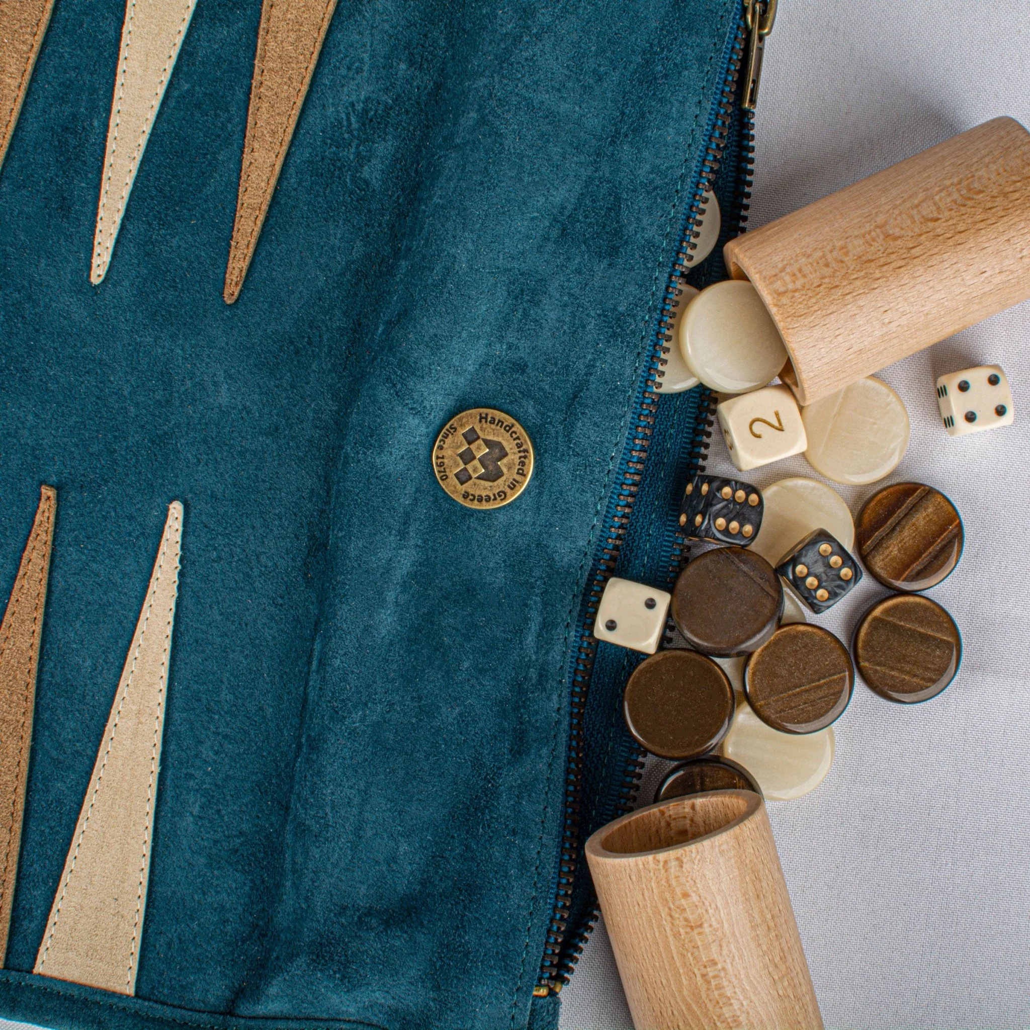 Backgammon de voyage - Roulable - Cuir Velours - Bleu - Image 3