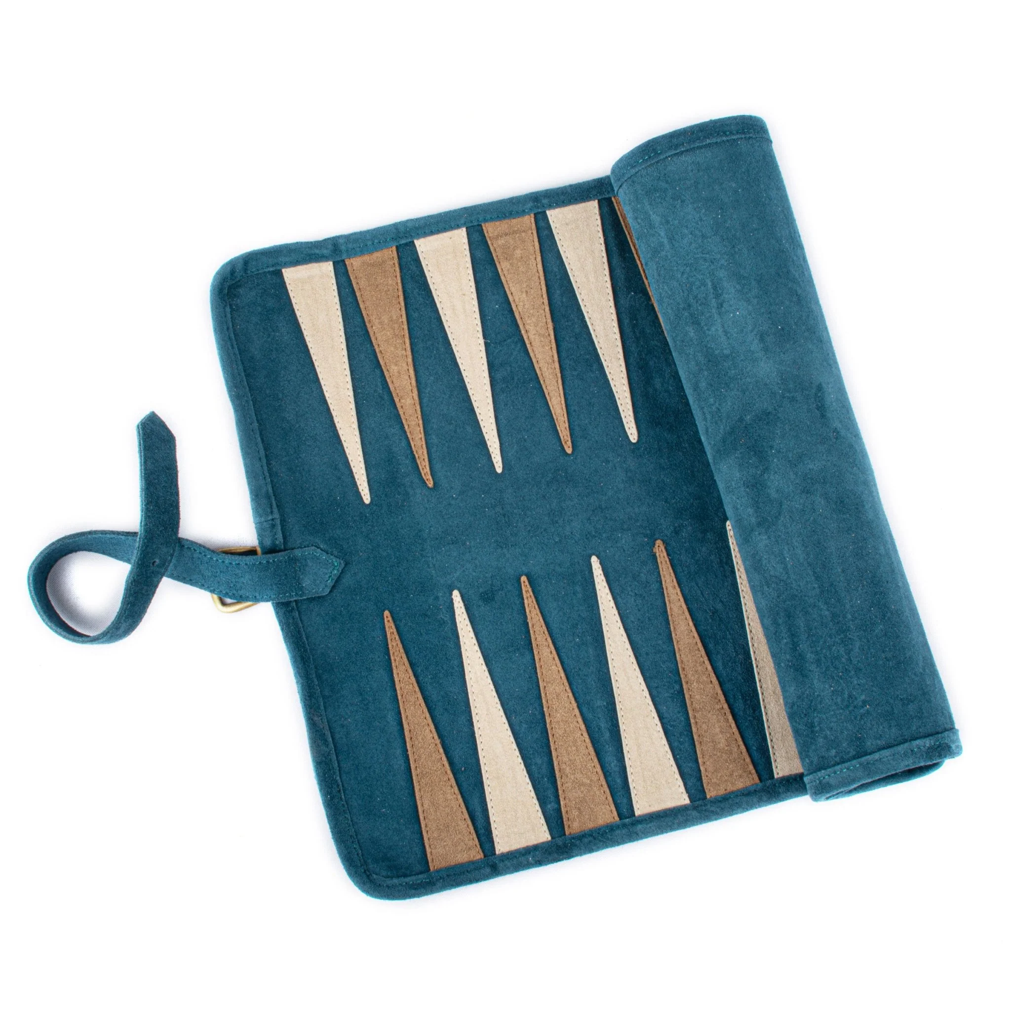 Backgammon de voyage - Roulable - Cuir Velours - Bleu - Image 6