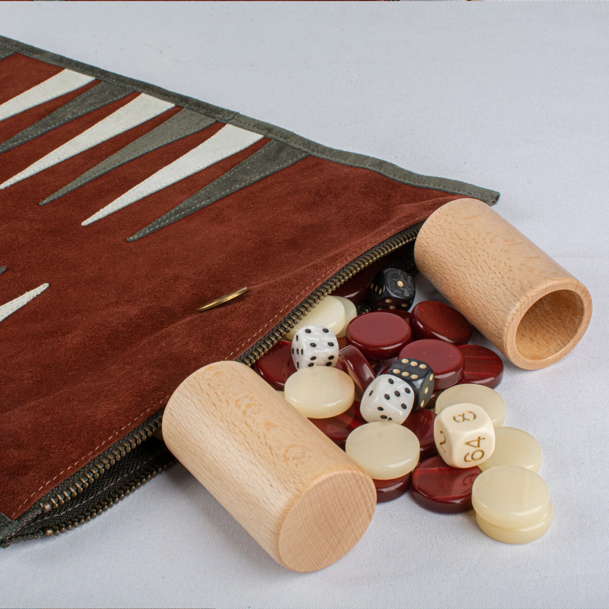 Backgammon de voyage - Roulable - Cuir Velours - Rouge - Image 5