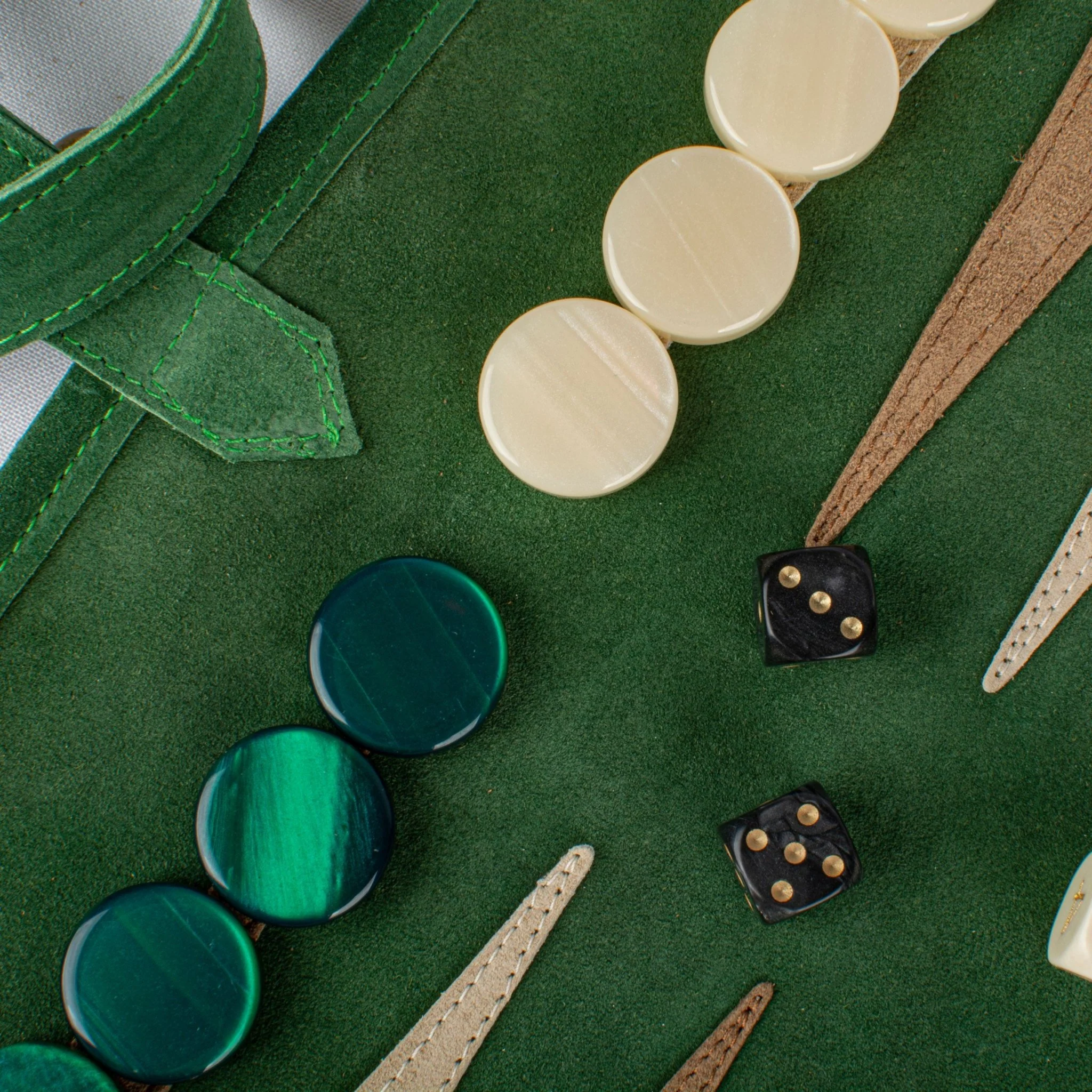 Backgammon de voyage - Roulable - Cuir Velours - Vert - Image 3