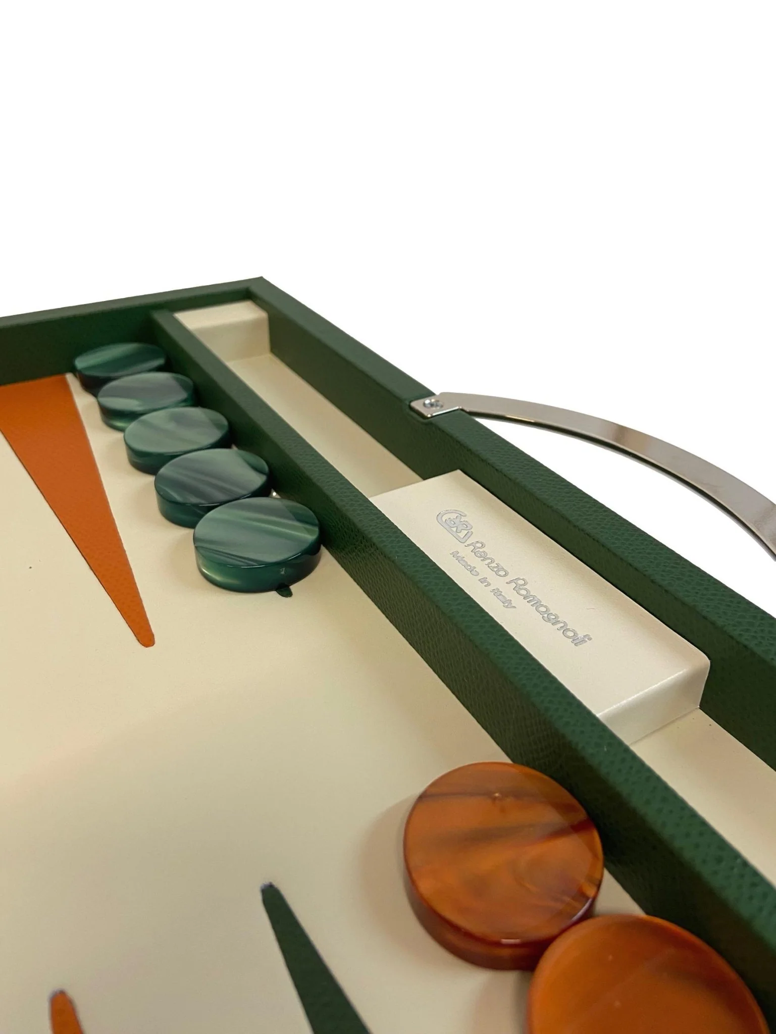 Backgammon en Cuir véritable MM - Vert/Orange - Renzo Romagnoli - Image 3