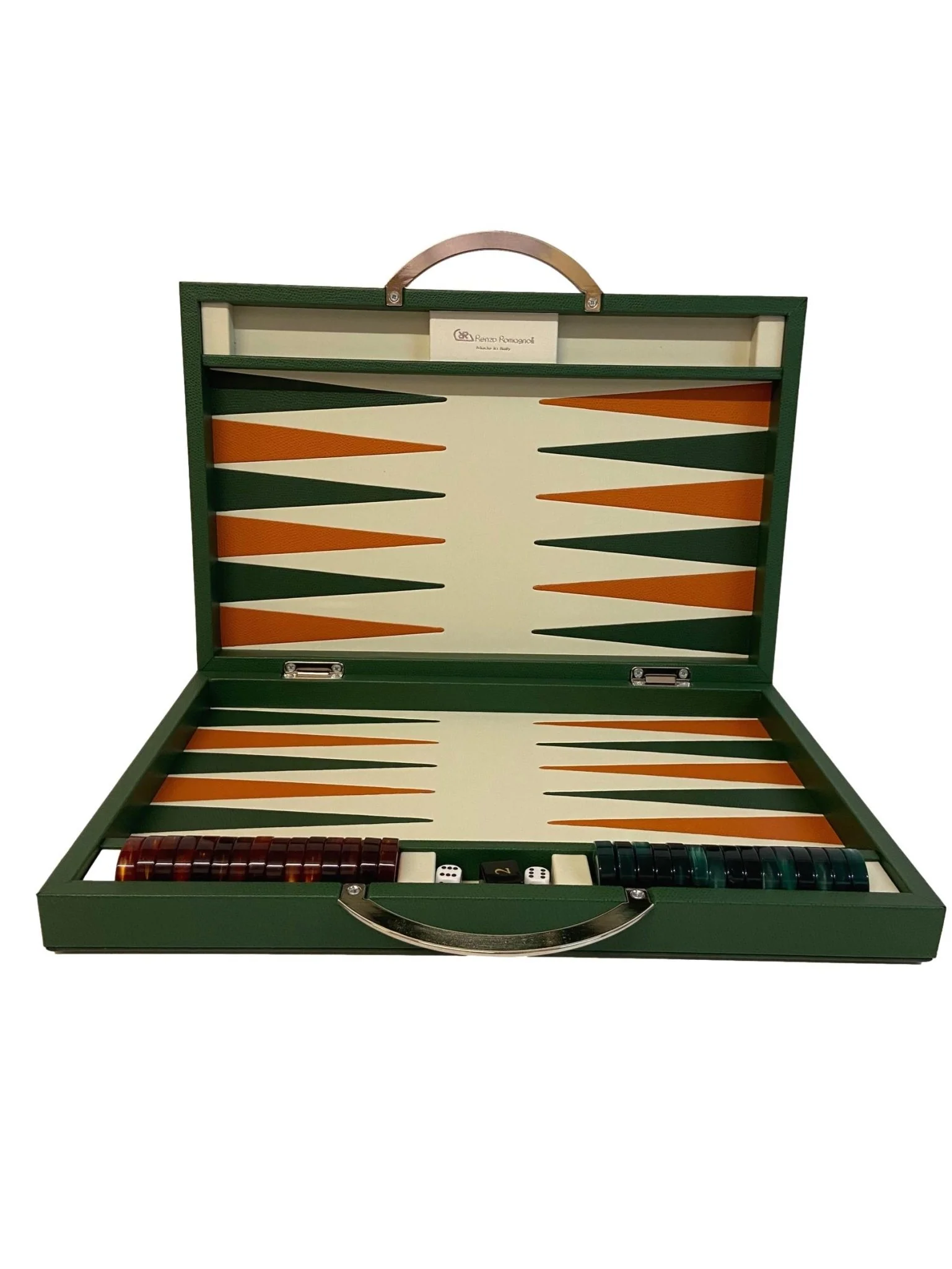 Backgammon en Cuir véritable MM - Vert/Orange - Renzo Romagnoli - Image 7